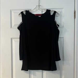 Love Scarlet Black Cold Shoulder Blouse with rhinestone accents